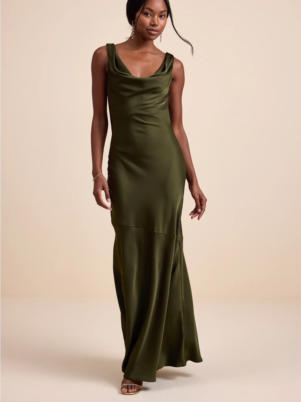 Lulu's Olive Green Satin Cowl Neck Gown